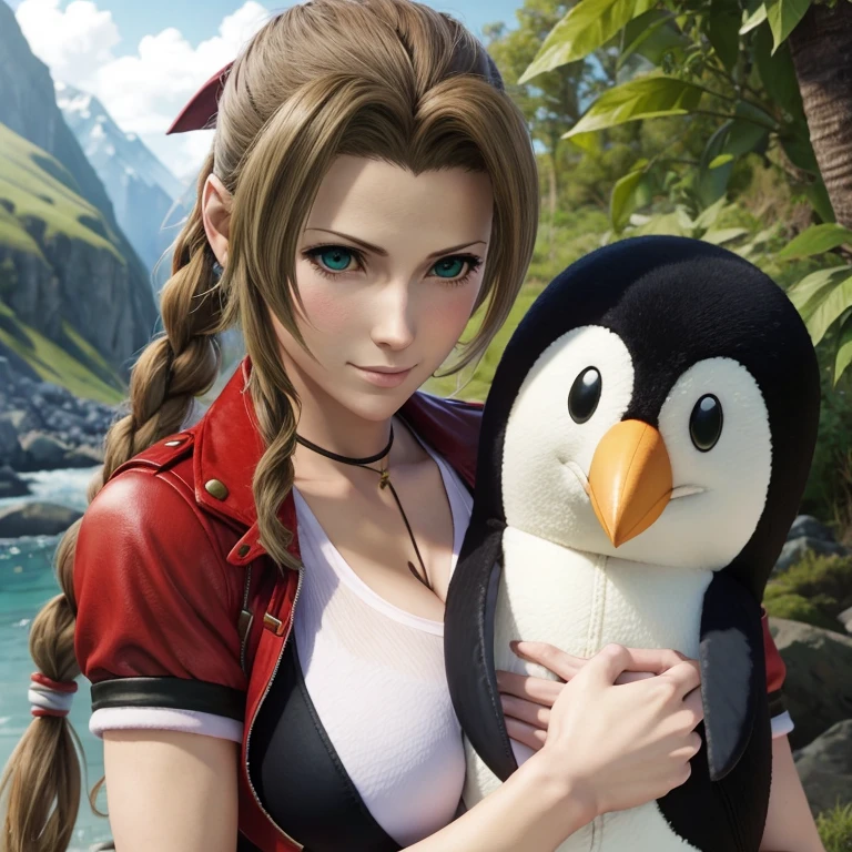 Adult woman, Aerith, final Fantasy 7 ,hugging a stuffed penguin, longhair, Clivage, alluring look, blushing, somewhere in nature, outside