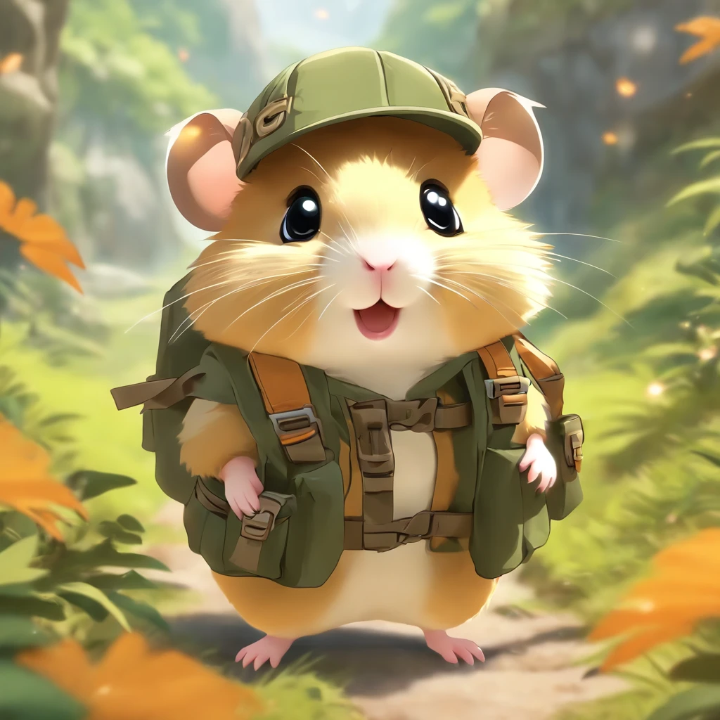 A close up of a hamster wearing a backpack and a hat - SeaArt AI