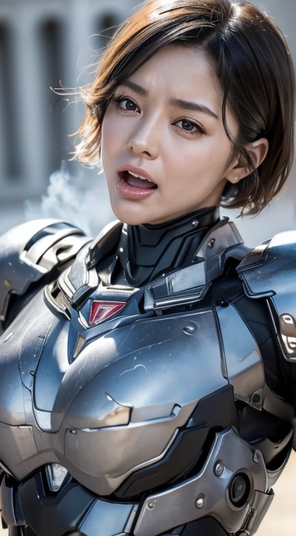 ((Two middle-aged women))Textured skin, Super Detail, high details, High quality, Best Quality, hight resolution, 1080p, , (lying back on)Beautiful,(War Machine),beautiful cyborg woman,Mecha Cyborg Girl,()((heavily damaged armor)),A woman with a feminine mechanical body、Gentle face　A dark-haired,Fulll body Shot)、、Very sweaty face、groggy expression、laying on back、Turn your face at an angle、Opening Mouth((put out the tongue)、Smoke comes from the whole body((Deep cracks in the armor of the whole body))(short-haired　Opening legs　The  is visible