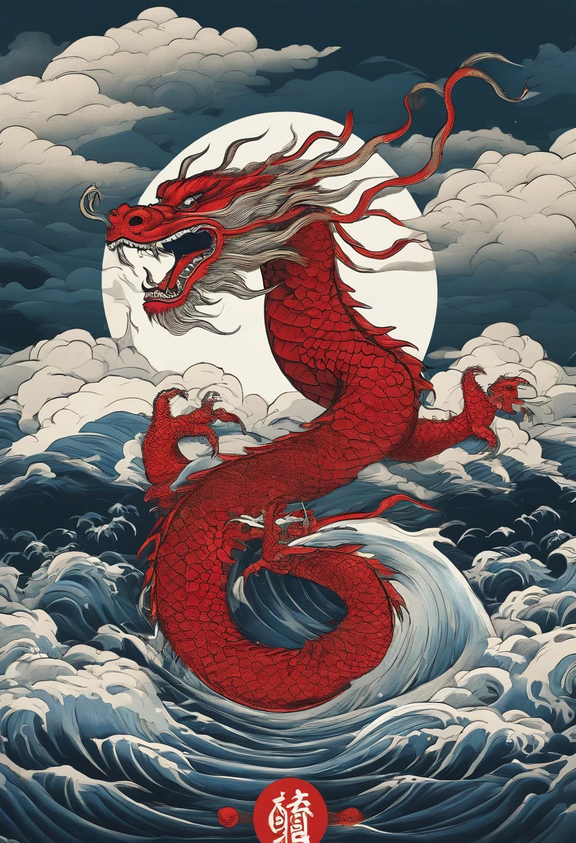 Graphics in Ukiyo-e style poster design are ocean colors, Red Chinese dragon in ink painting, and dragon combination, As a water god, Dragon King, Living in the North Sea, Control thunderstorms at sea, an ancient Chinese god, turtle, drank, bigger, Stony, Super sharp,Realistic details,Auspicious clouds, depth of fields, Divine Thunder, fantasy coloring, romanticism lain, artistic décor, Movie Lighting, depth of fields, spark of light, god light, Ray traching, ultra-wide-angle, first person perspective, wide wide shot, hyper HD, high qulity, high detal, ctextured skin, Best quality at best