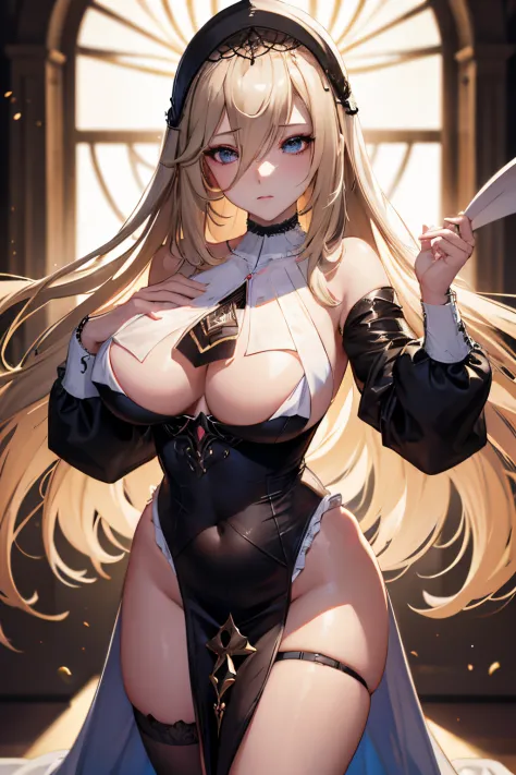 1girl, red eyes, Blonde hair, breasts, large breasts,black dress, breast curtains, detached sleeves, long sleeves, frills, pelvic curtain, sideless outfit, thigh strap, (ultra-detailed)), ((illustration)), ((disheveled hair)), (beautiful detailed eyes), be...