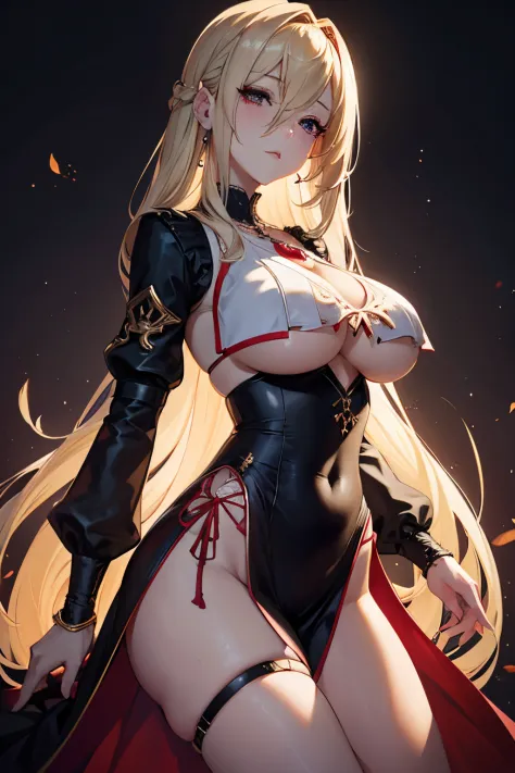 red eyes, 1girl, red eyes, Blonde hair, breasts, large breasts,black dress, breast curtains, detached sleeves, long sleeves, frills, pelvic curtain, sideless outfit, thigh strap, (ultra-detailed)), ((illustration)), ((disheveled hair)), (beautiful detailed...