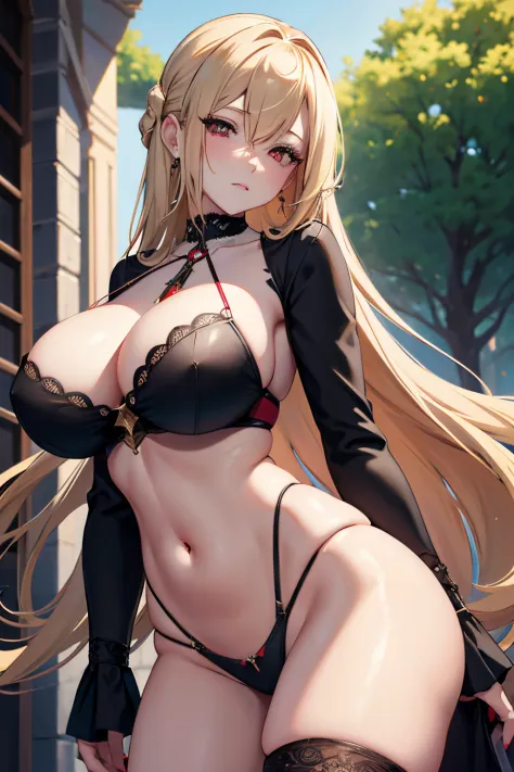 red eyes, 1girl, red eyes, Blonde hair, breasts, large breasts,black dress, breast curtains, detached sleeves, long sleeves, frills, pelvic curtain, sideless outfit, thigh strap, (ultra-detailed)), ((illustration)), ((disheveled hair)), (beautiful detailed...