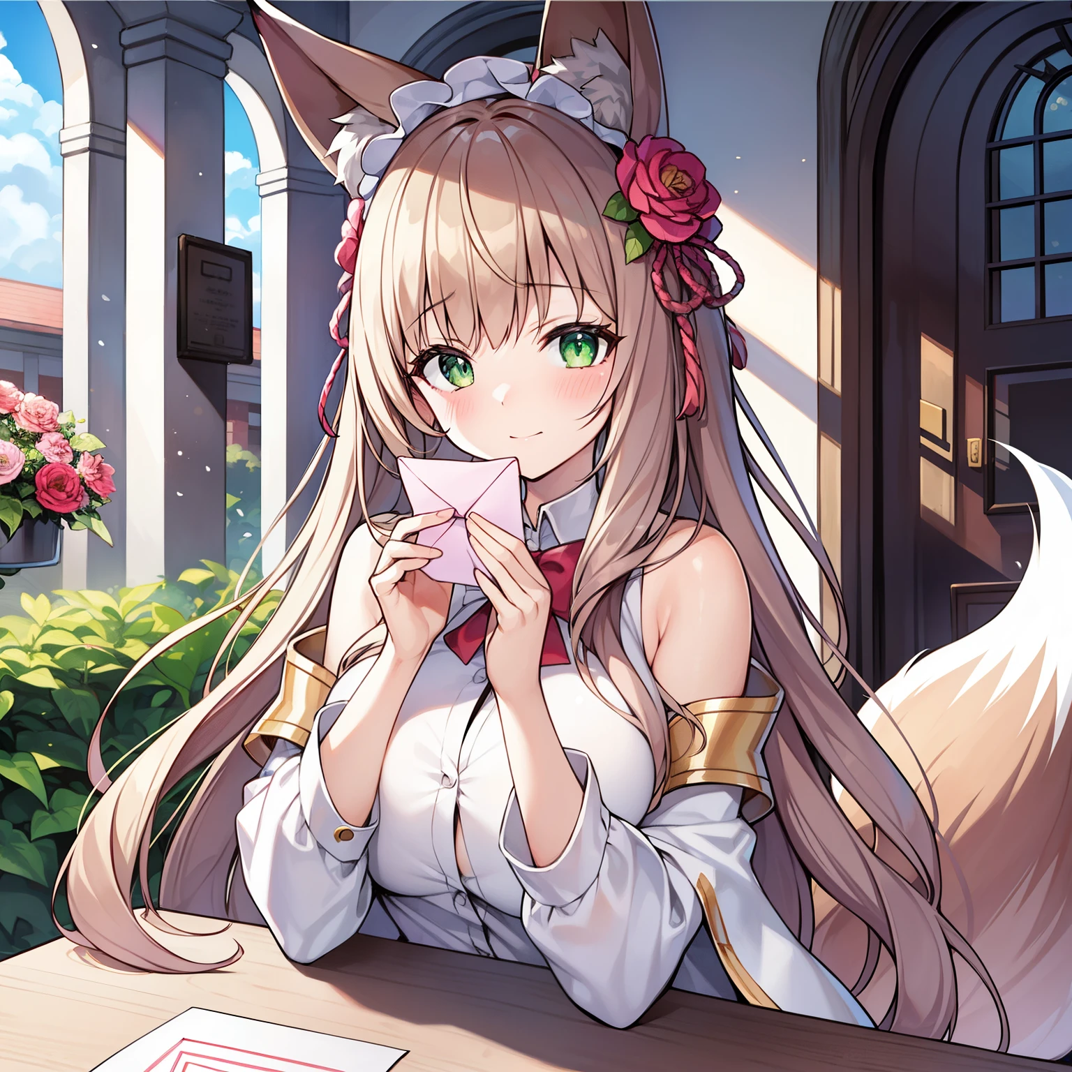 tmasterpiece，Highest high resolution，8k wallpaper，Highest drawing quality)，1 girl，Alone，(Huge fox tail)，Brown hair long，Green-eyed，Small flower headdress，(21-year-old college student_C cup)，modernn architecture, A MILF, pure clothes，，The girl handed me a love letter with both hands，Blushing and shy，Face-to-face perspective，