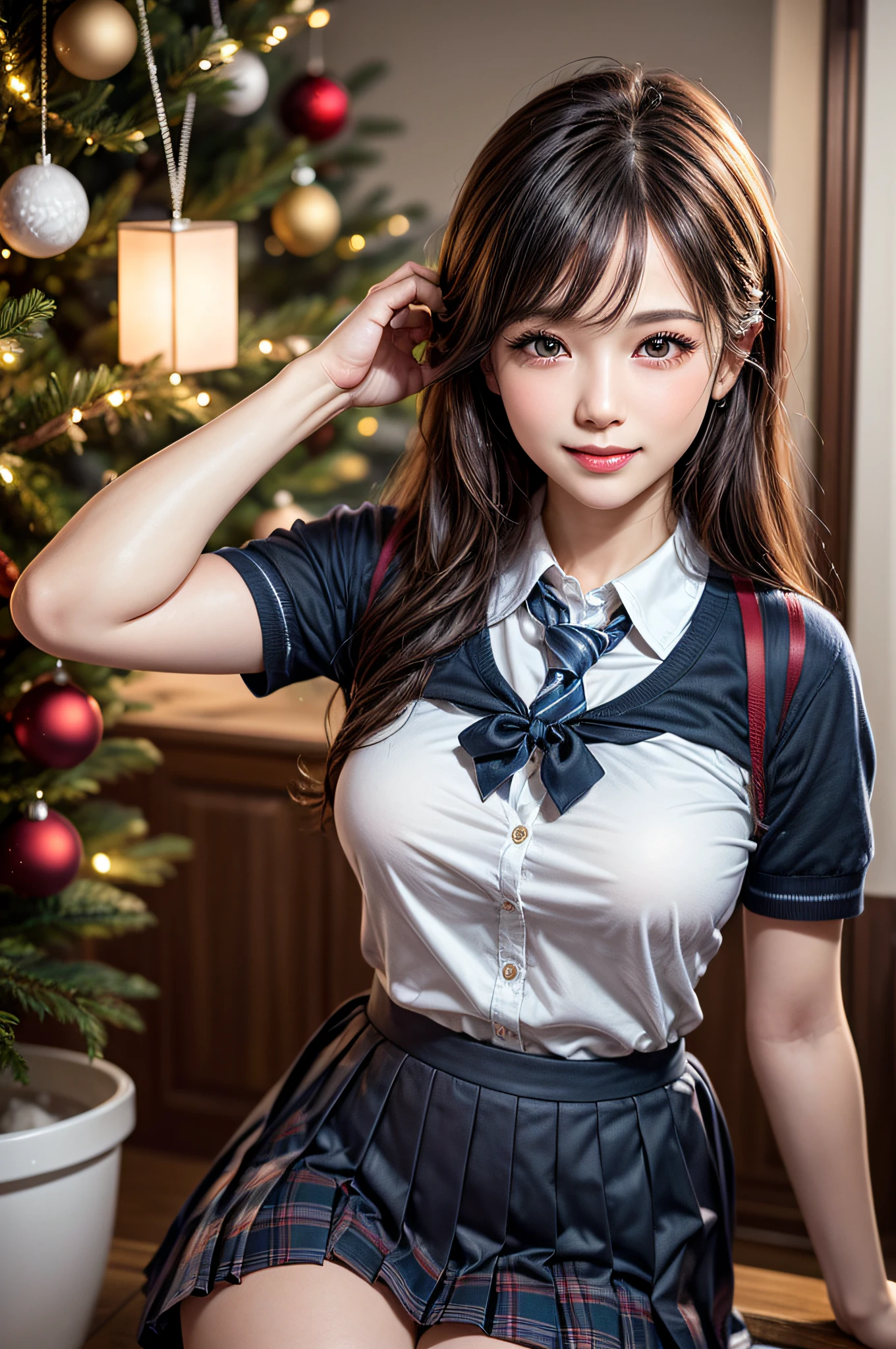 (1 cute girls), Extremely cute, Amazing face and eyes, (Beautiful lovely smile), (extremely detailed beautiful face), bright and shiny lips, (School uniform, Pleated skirt:1.3), (Best Quality:1.4), (hyper quality), (Ultra-detailed), (Hyper-realistic, Photorealsitic:1.37), Authentic skin texture, intricate-detail, extremely detailed CG unified 8k wallpaper, RAW Photos, professional photograpy, Cinematic lighting, Exposing, Christmas tree, Christmas Ornaments, Christmas Decorations, Christmas Lights, christmas lights,