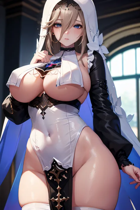 aponia_outfit, 1girl, blue eyes, breasts, large breasts, looking at viewer, nun, veil, black dress, breast curtains, detached sleeves, long sleeves, frills, pelvic curtain, sideless outfit, thigh strap, (ultra-detailed)), ((illustration)), ((disheveled hai...