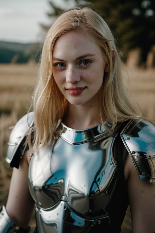 Ultra realistic photographiery of dbwl woman with many huge beauty marks on her naturel pale white skin  ,    portrait complet du corps   ,  SFW,  (((portant une armure de chevalier chromée))), 
,  
 ((position de combat)),   naturel (  cils blond clair pâle) , yeux bleus, contexte médiéval,
 détaillé Natural pale white skin  with (de nombreuses énormes taches de beauté rondes) , sourire, sourcils blond pâle clair,
 Dans le cadre,  heureux, 
détaillé, naturel light blonde,  En plein air, ensoleillé, haute résolution, photographier, photo brute, Éclairage cinématographique, chr0me4rmor, Sexy