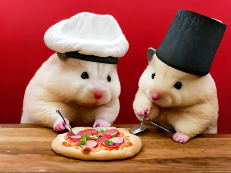 (masterpiece, best quality, ultra-detailed, an extremely delicate and beautiful, high resolution, ultra detailed background), 1hamster, solo, baking pizza, chef hat, perfect anatomy