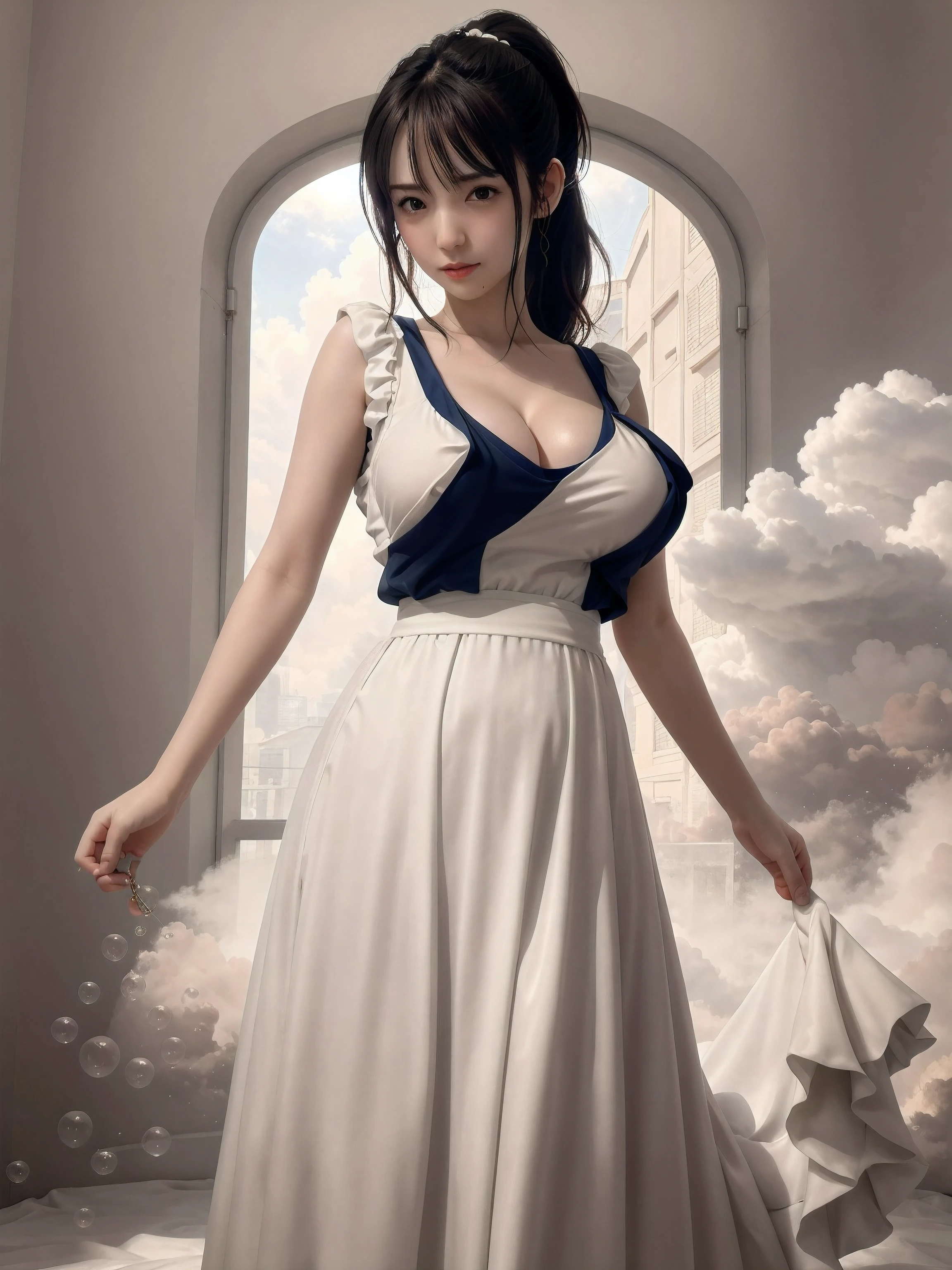 (best_quality, masterpiece:1.2), (detailed), (4k, 8k, uhd, high_resolution, highres), 1girl, (gigantic_breasts:1.4), disheed_hair, (white_fashionable_clothing), standing, fashion_model, looking_at_viewer, beautiful_detailed_eyes, delicate_beauty, floating, high_saturation, colorful_splash, colorful_bubbles, shine, focus_on_the_face, ponytail, brown_hair, bangs, scrunchies, floating_flower, flowing_hair, shiny, best_lighting, best_shadow, perfect_hands, movie_lighting, high_definition, visually_stunning, cutting_edge, realism, lighting_from_various_angles, flying_over_a_cloud,