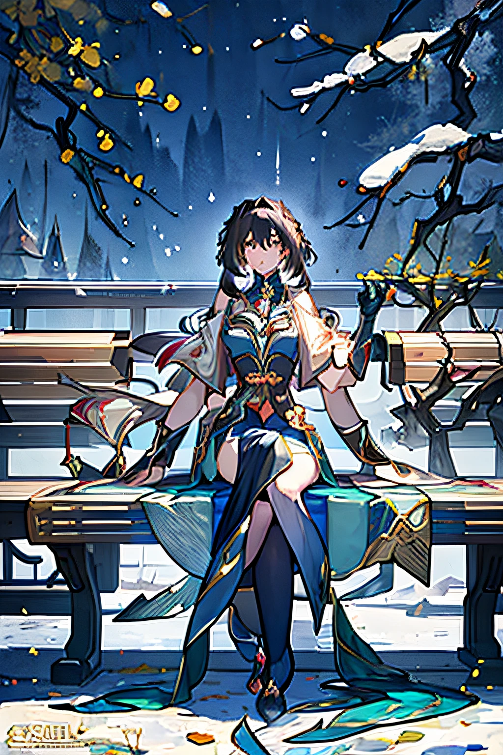 Anime girl in a long dress sitting on a bench in the snow, Layla from genshin impact, full body xianxia, zhongli from genshin impact, onmyoji detailed art, ayaka genshin impact, cute anime waifu in a nice dress, beautiful alluring anime woman, black - haired mage