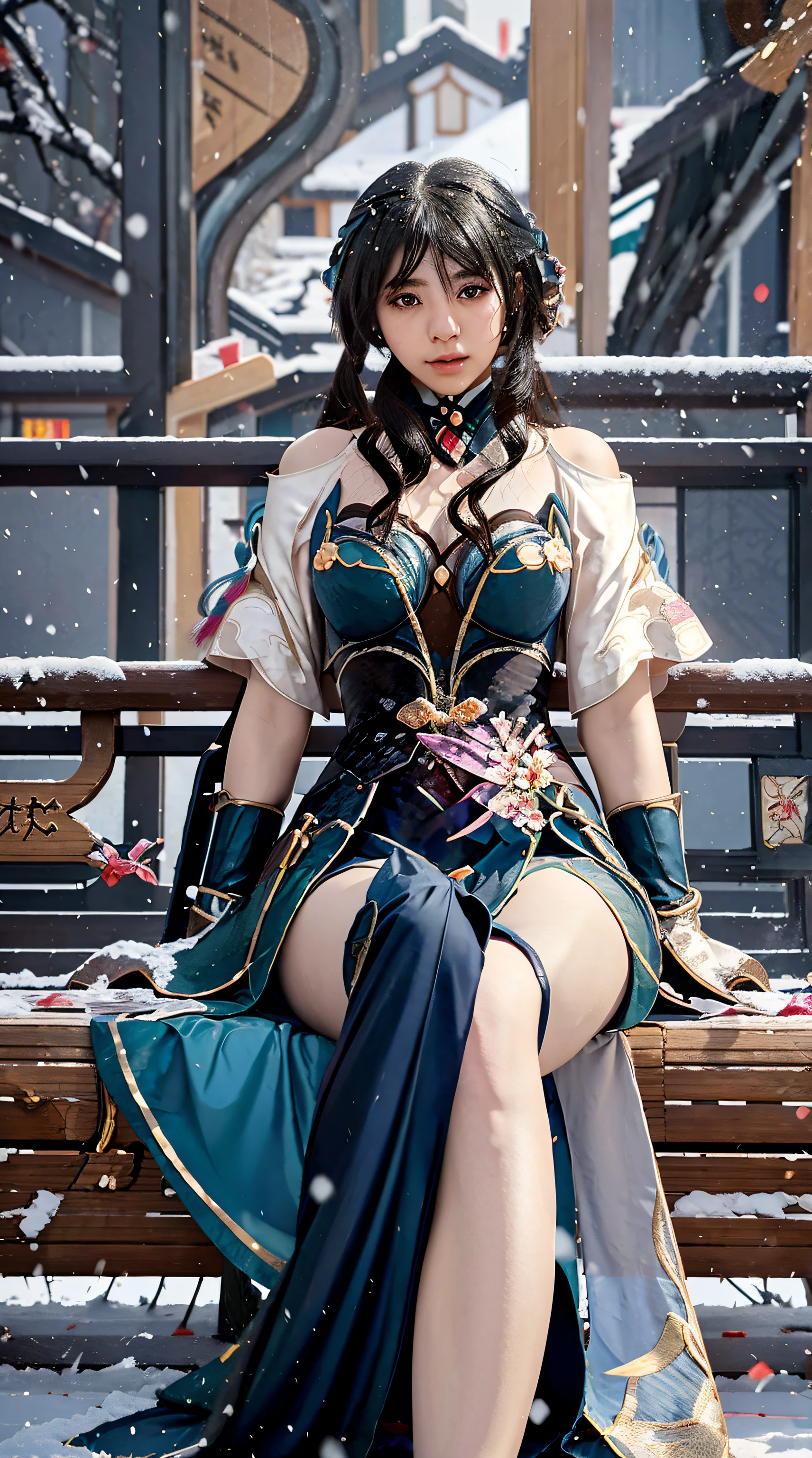 Anime girl in a long dress sitting on a bench in the snow, Layla from genshin impact, full body xianxia, zhongli from genshin impact, onmyoji detailed art, ayaka genshin impact, cute anime waifu in a nice dress, beautiful alluring anime woman, black - haired mage