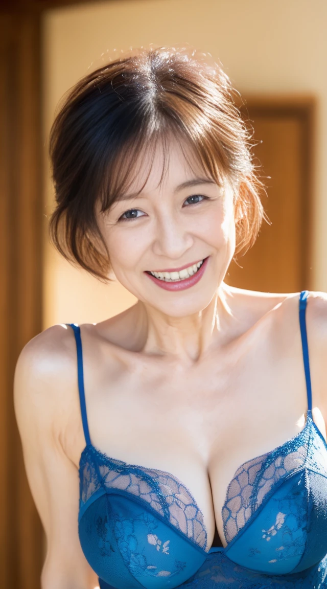 (Best Quality,4K,超A high resolution:1.2),(Mature Japan women, granny, Short hair,),(Big smile),(((65-year-old woman))),(nasolabial folds),((wrinkled)),((body  wrinkles)),(acnes), Fine wrinkles, Detailed skin texture),(Huge breasts:1.4),(massive hips),(Blue lingerie),(hands behind the back)