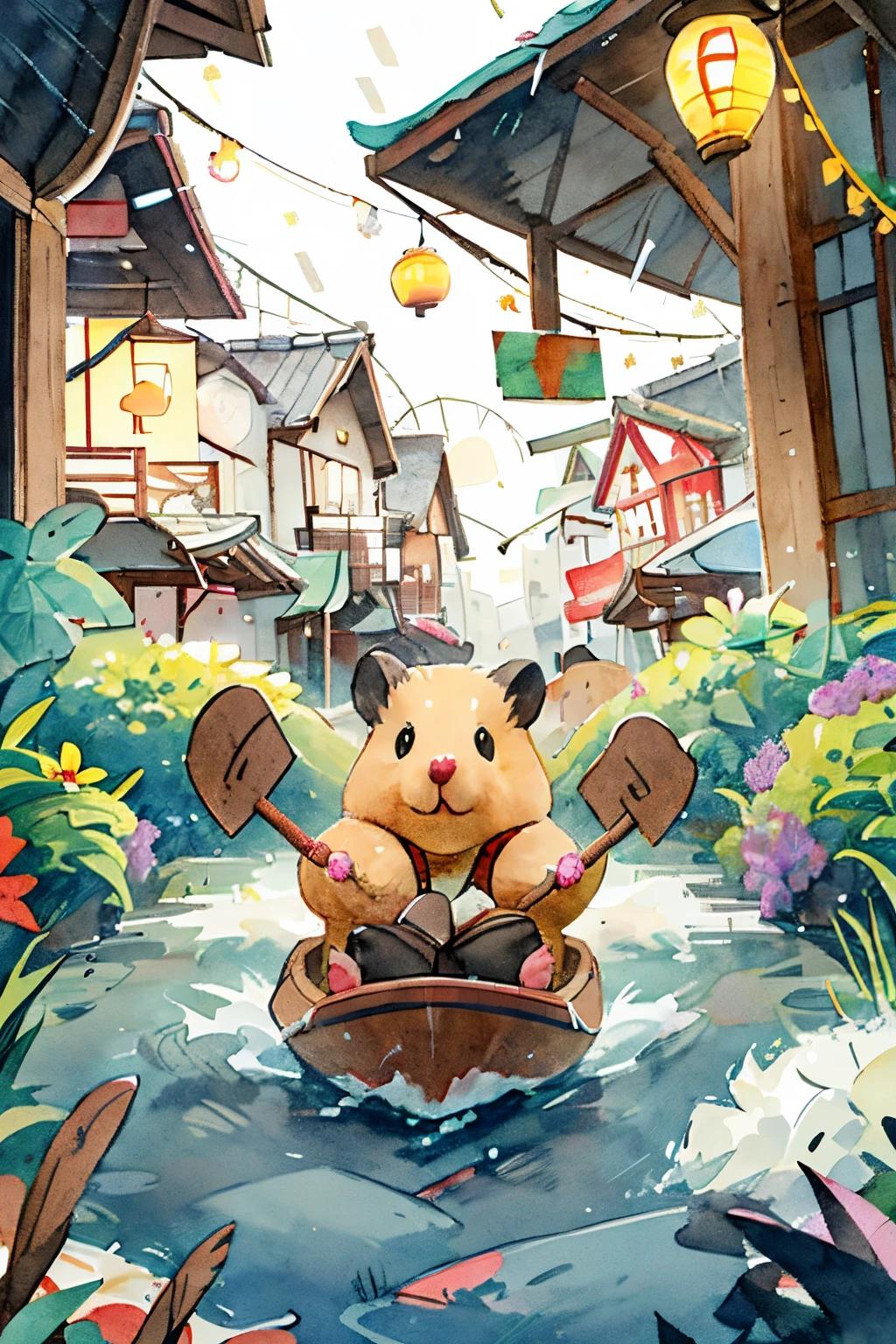1boy, {{{masterpiece}}}, {{{best quality}}}, {{ultra-detailed}}, {illustration}, 1 hamster rowing a boat, spring outing, happy, background is a small river interspersed in Chinese street, perfect quality, clear focus, colorful, perfect face, intricate details, festival, lantern. The wing of the sea is the wave; the wave of the sky is the rain; the salt of the rain falls as hail, JZCG024