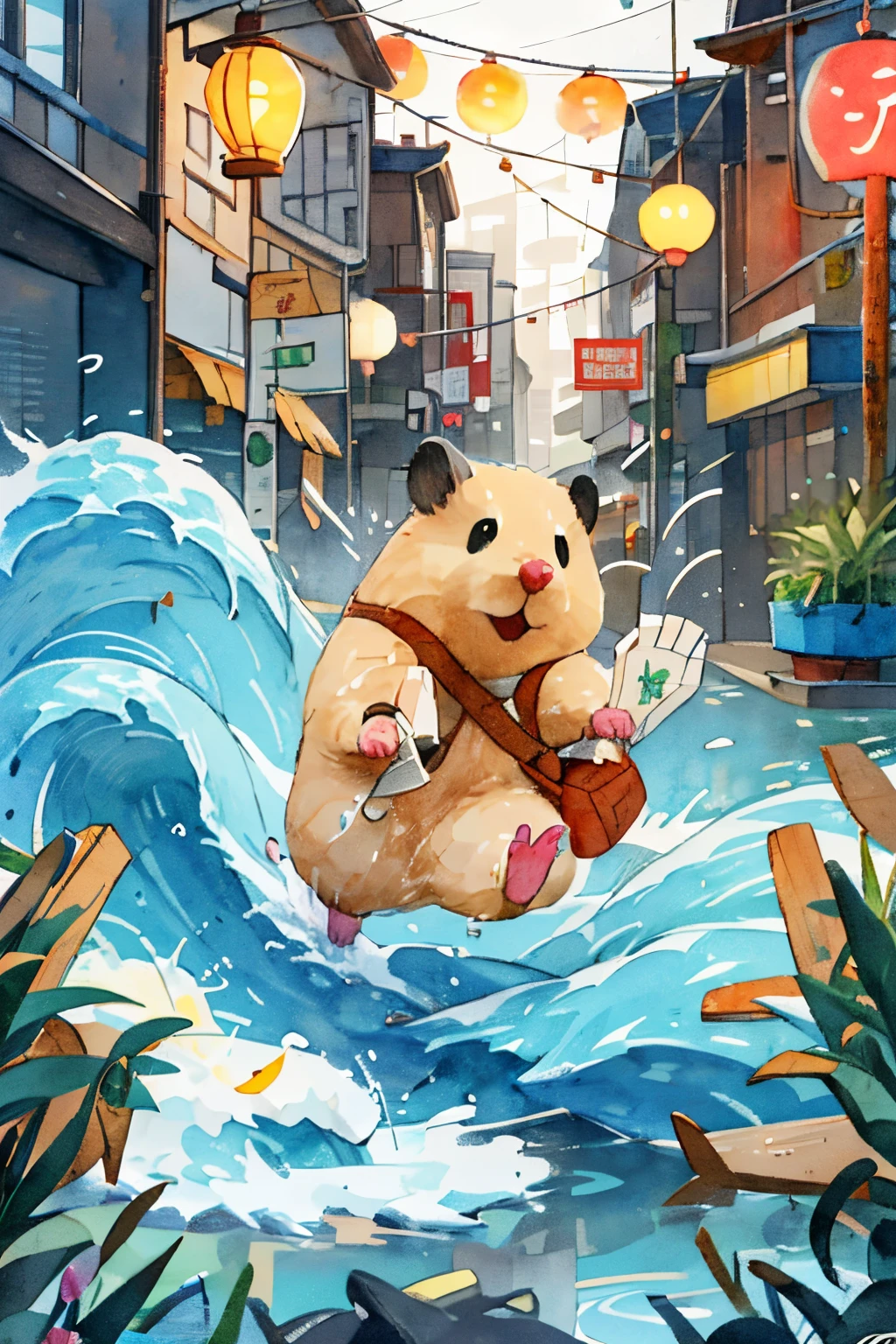 1boy, {{{masterpiece}}}, {{{best quality}}}, {{ultra-detailed}}, {illustration}, 1 hamster inside a boat, spring outing, happy, background is a small river interspersed in Chinese street, perfect quality, clear focus, colorful, perfect face, intricate details, festival, lantern. The wing of the sea is the wave; the wave of the sky is the rain; the salt of the rain falls as hail, JZCG024