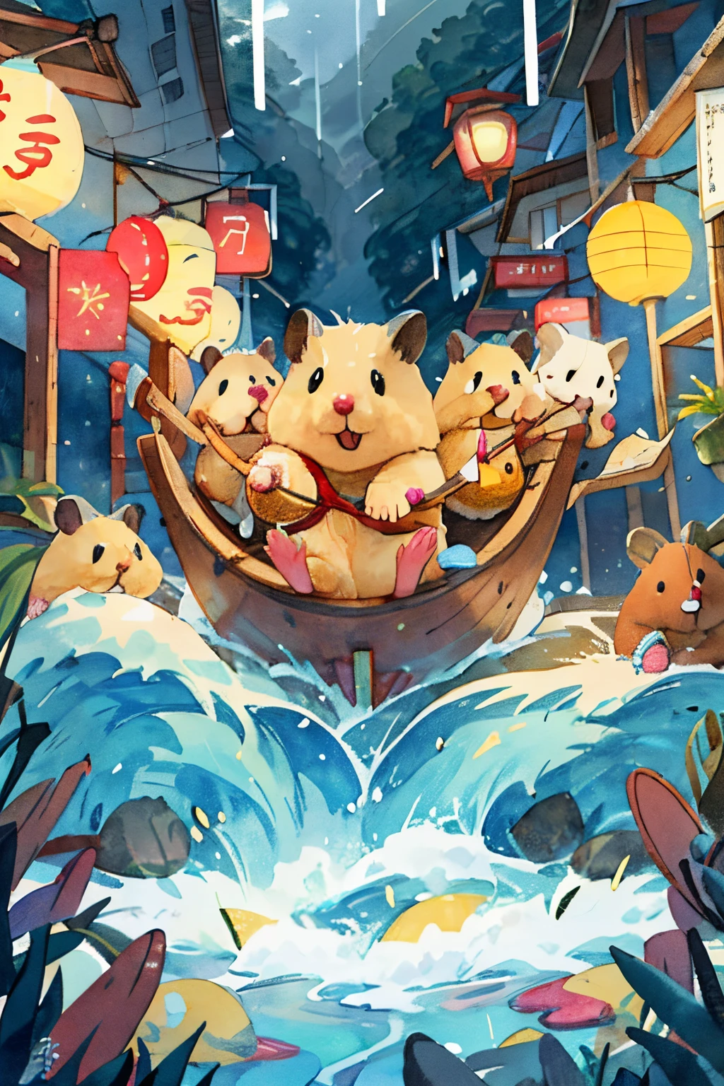 1boy, {{{masterpiece}}}, {{{best quality}}}, {{ultra-detailed}}, {illustration}, 1 hamster inside a boat, spring outing, happy, background is a small river interspersed in Chinese street, perfect quality, clear focus, colorful, perfect face, intricate details, festival, lantern. The wing of the sea is the wave; the wave of the sky is the rain; the salt of the rain falls as hail, JZCG024