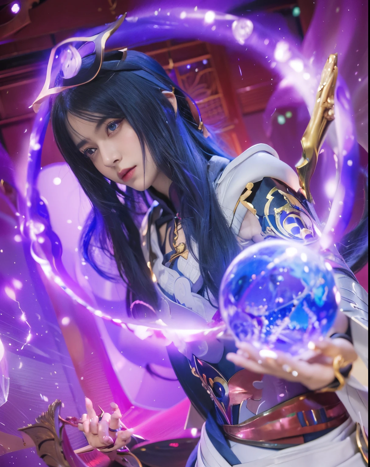 ((Raiden Shogun_Genshin impact)),((realistic, photorealistic)),(highlight hair)), Light reflection, (( HD )), navel, detached sleeves,((upper body)), (((best quality, masterpiece))), arafed image of a woman with blue hair holding a crystal ball, Raiden Shogun from genshin impact, maya ali as a lightning mage, Raiden Shogun from genshin impact, closeup portrait of an mage, black - haired mage, maya ali as a d&d sorcerer, an arcane wizard casting a spell, mage, beautiful celestial mage,Reflection of light in hair, background of Red Japanese temple,anime girl with purple hair and horns holding a purple and black weapon, Detailed digital anime art, Portrait Chevaliers du Zodiaque Fille, Extremely detailed Artgerm, 2. 5 D CGI anime fantasy artwork, Anime fantasy artwork, Digital anime art, style of anime4 K, 8K high quality detailed art, Fanart Meilleure ArtStation, Art germ. High detail