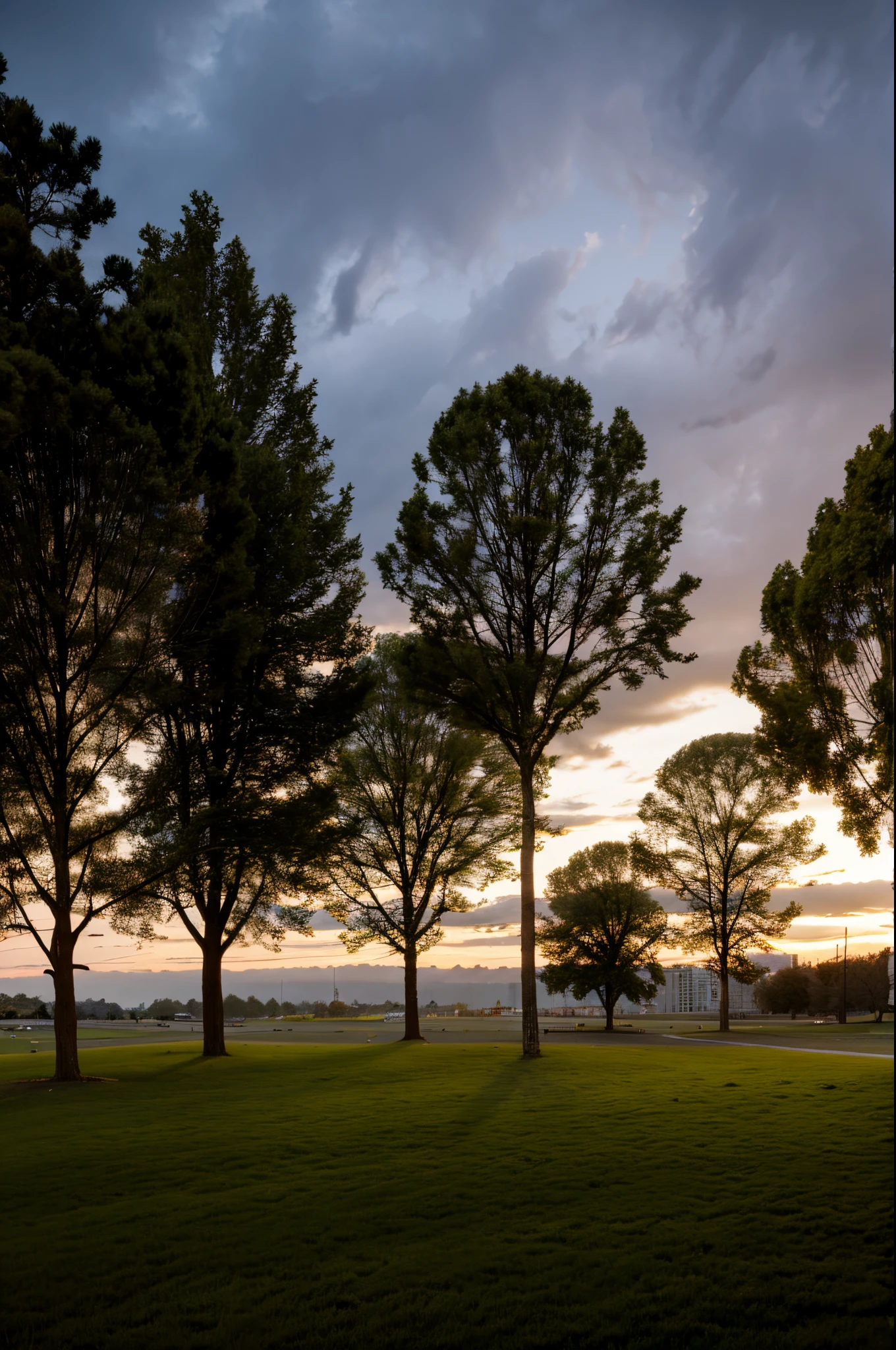 city park, grassy field, night, windy, cloudy, beautiful scenery,