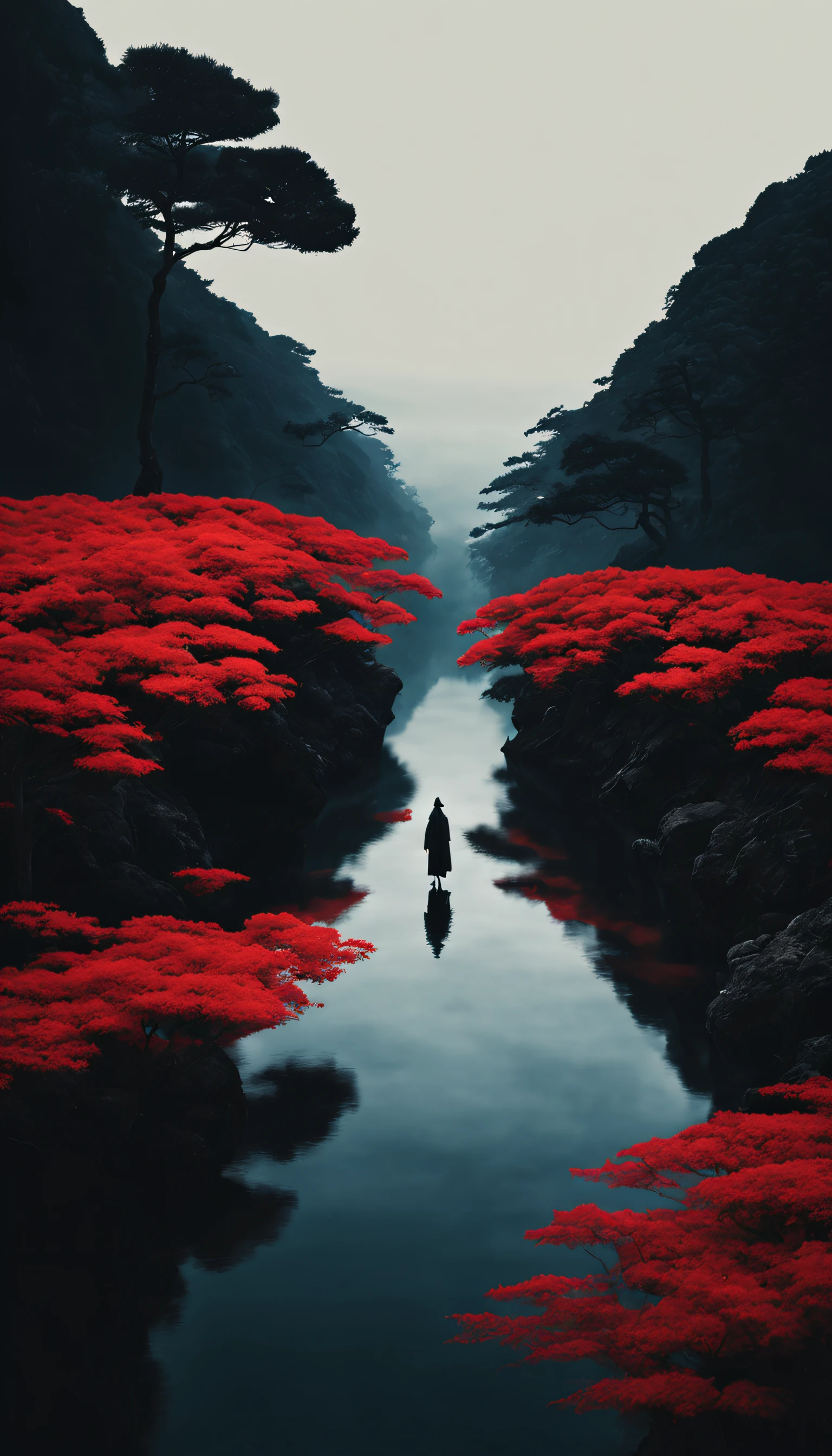 El borde del infinito, Fotografía minimalista al estilo de Felicia Simion y Studio Ghibli, Minimalism, arte fino, cinematográfico, espacio negativo, Al estilo de Oscuridad Artística, Surrealism, Ukiyo-E Vibraciones 00 -ar 9:16 --Caos 15 --Versión 5.2 --s 2