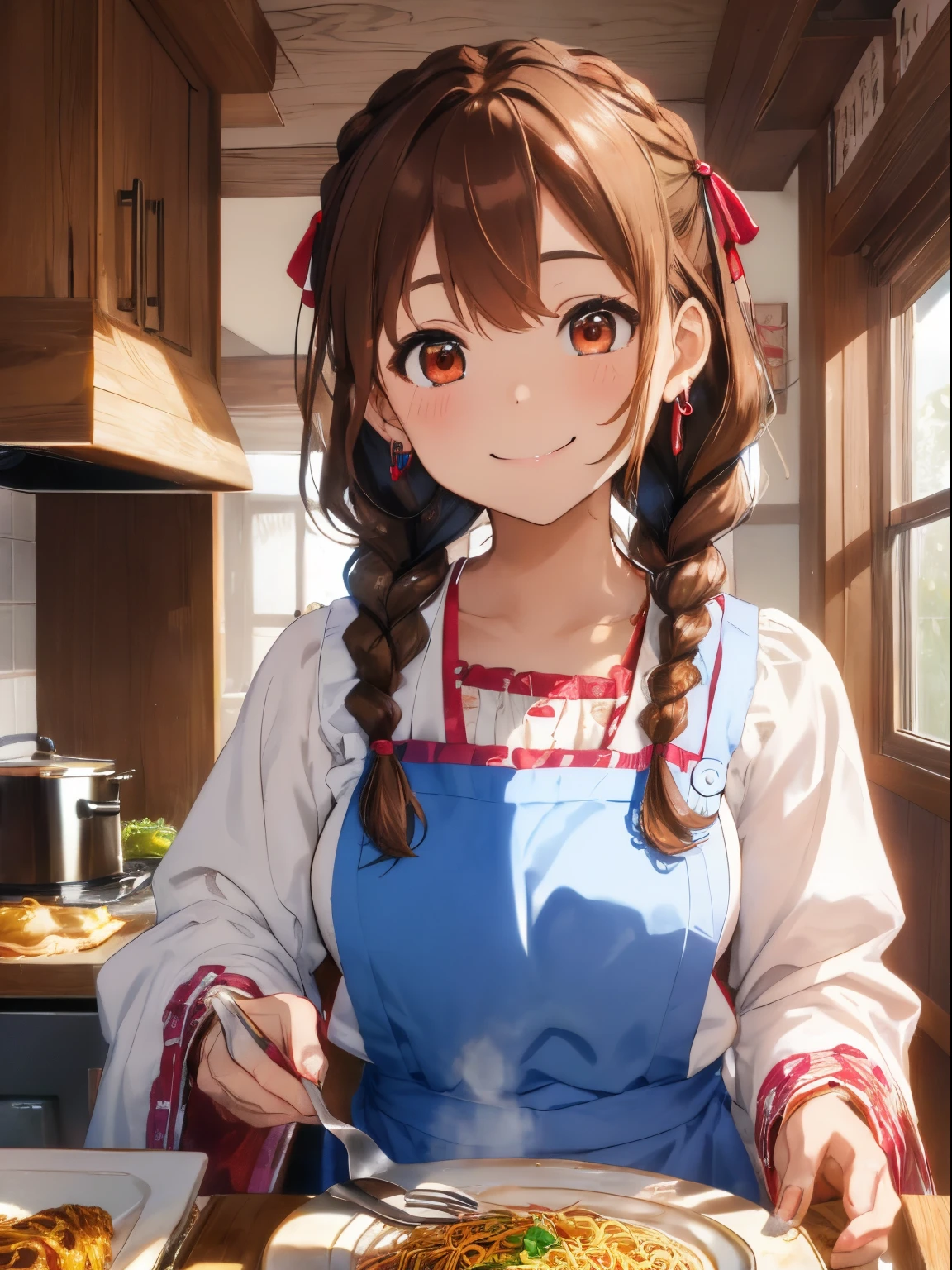 (Colorful and cute home kitchen),((Brown eyes)),((Braiding)),((Twin braids)),((Brown hair)),(Long-sleeved clothes with loose lantern sleeves),(Pure white apron with lots of frills),((In the middle of the meal)),(Yakisoba bread on a plate),There are also many salads, Soup, and other cuisines around..,(Looking at me with a smile),Kamimei,((close up of face)),Slight red tide,