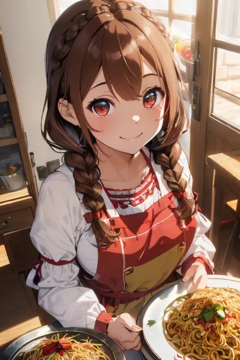 (Colorful and cute home kitchen),((Brown eyes)),((Braiding)),((Twin braids)),((Brown hair)),(Long-sleeved clothes with loose lan...