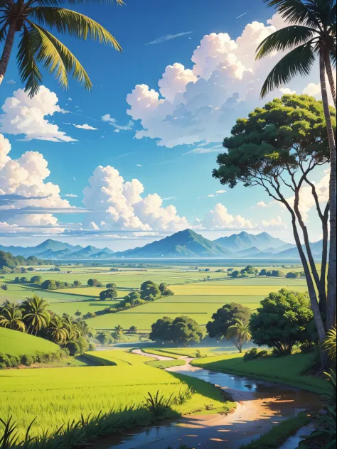 detail painting of a rice farm with a cow on dirt road, small river, coconut trees, tropical heaven, anime countryside landscape...