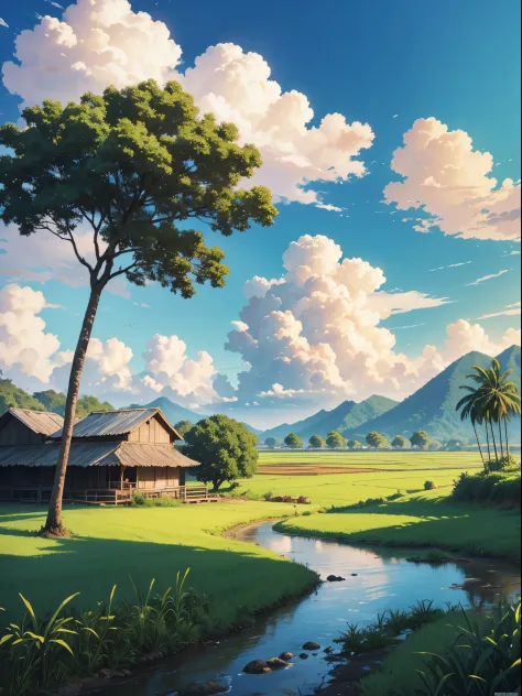 very detail painting of a rice farm with a cow on dirt road, small river, coconut trees, tropical heaven, anime countryside land...