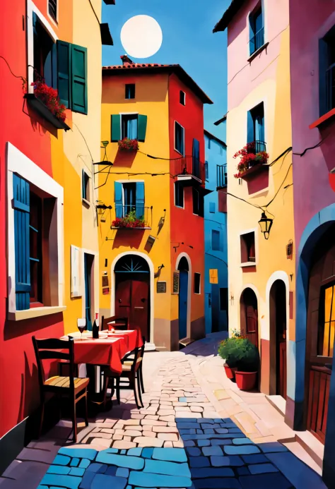 Small Italian village, pizza restaurant, red wine Kandinsky style, in the Picasso style, iintricate, extremly high detail