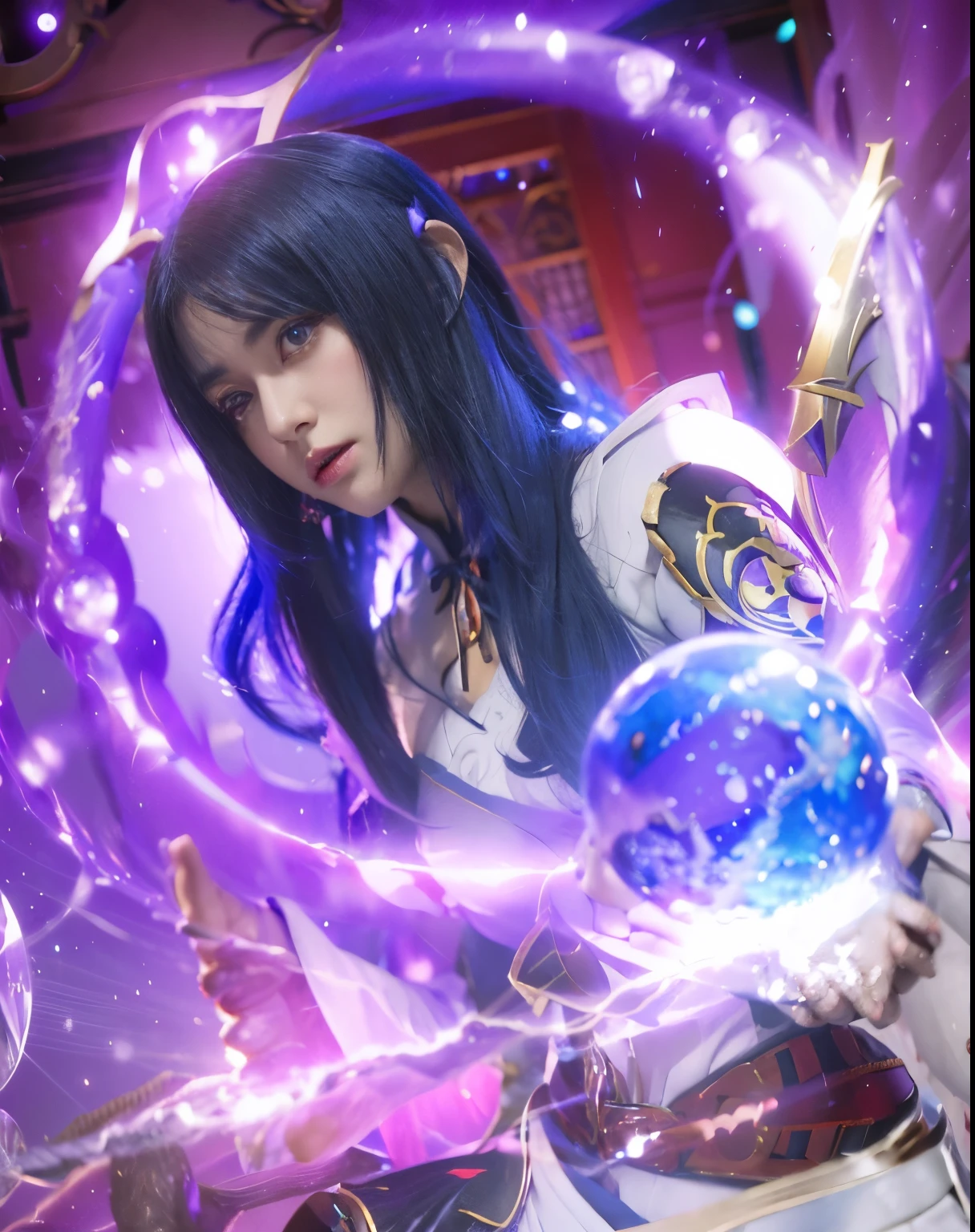 ((Raiden Shogun_Genshin impact)),((realistic, photorealistic)),(highlight hair)), Light reflection, (( HD )), navel, detached sleeves,((upper body)), (((best quality, masterpiece))), arafed image of a woman with blue hair holding a crystal ball, Raiden Shogun from genshin impact, maya ali as a lightning mage, Raiden Shogun from genshin impact, closeup portrait of an mage, black - haired mage, maya ali as a d&d sorcerer, an arcane wizard casting a spell, mage, beautiful celestial mage,Reflection of light in hair, background of Red Japanese temple,anime girl with purple hair and horns holding a purple and black weapon, Detailed digital anime art, Portrait Chevaliers du Zodiaque Fille, Extremely detailed Artgerm, 2. 5 D CGI anime fantasy artwork, Anime fantasy artwork, Digital anime art, style of anime4 K, 8K high quality detailed art, Fanart Meilleure ArtStation, Art germ. High detail