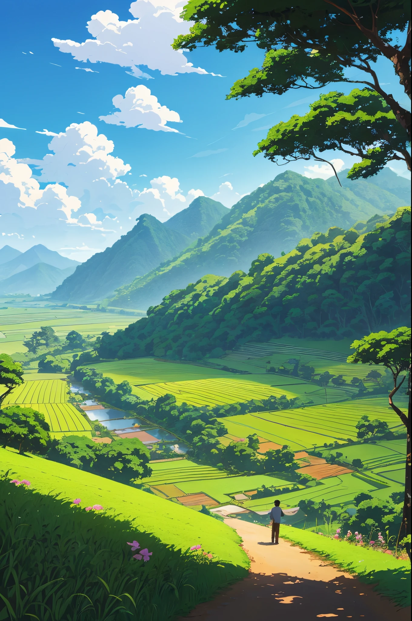 very detail painting of a distance rice farm, village road, a boy fishing near small rocky river, coconut trees, small hill, beautiful scenery, tropical heaven, anime countryside landscape, anime landscape wallpaper, sharp outlines, anime landscape, beautiful anime scenery, beautiful puffy clouds. anime, anime scenery, anime background, anime background art, country landscape, anime beautiful peace scene, beautiful anime scene, countryside, hd wallpaper, anime movie background, high quality desktop wallpaper, landscape wallpaper