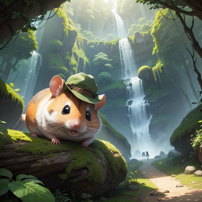 A cute hamster wearing an adventurer's hat explores the vibrant and cartoonish jungle scenery for an epic hamster adventure. The hamster's adorable face and expressive eyes captivate the viewers, while the detailed fur texture adds realism to the image. The adventurer's hat sits perfectly on the hamster's head, giving it a charming and adventurous look. The jungle is filled with lush green foliage, colorful flowers, and towering trees, creating a visually stunning backdrop. Sunlight filters through the dense canopy, casting dynamic shadows on the ground, adding depth and dimension to the scene. The scenery is full of interesting details like hidden caves, waterfalls, and ancient ruins, hinting at a thrilling quest waiting to be discovered. The overall artistic style is whimsical and playful, with vibrant and saturated colors enhancing the sense of adventure. The final image is of the highest quality, featuring ultra-detailed elements and a photorealistic rendering. It showcases the hamster's spirit of exploration and instills a sense of wonder and joy in the viewers.