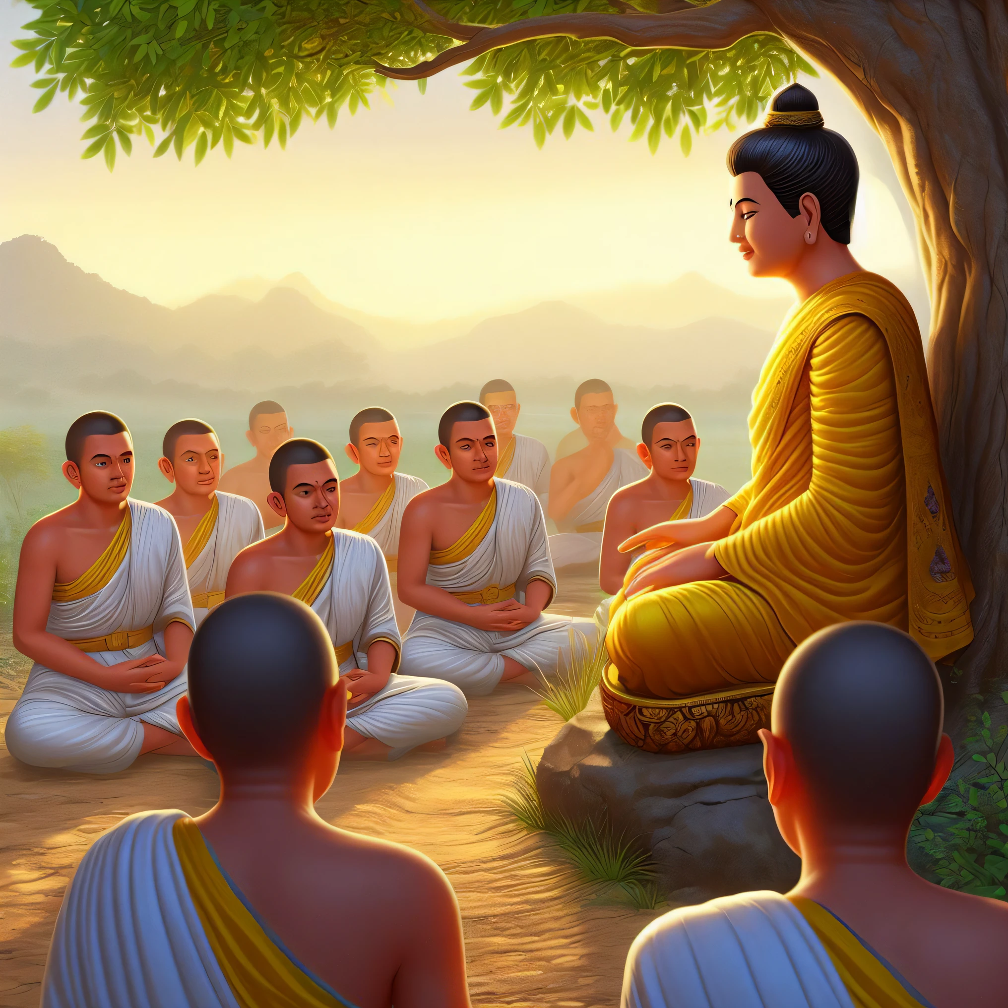 buddhas sitting under a tree in a meditation position, buddhism, buddhist, on path to enlightenment, hindu stages of meditation, on the path to enlightenment, enlightenment, samsara, the buddha, buddha, the bodhi tree at sunset, karma sutra, sri lanka, buddhist art, spiritual enlightenment, monk meditate, meditation, yellow robes, buddhist monk meditating