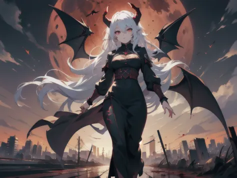 1girl, white hair, red eyes, perfect eyes, standing, best quality, masterpiece, hands covered in blood, black long skirt, demon ...