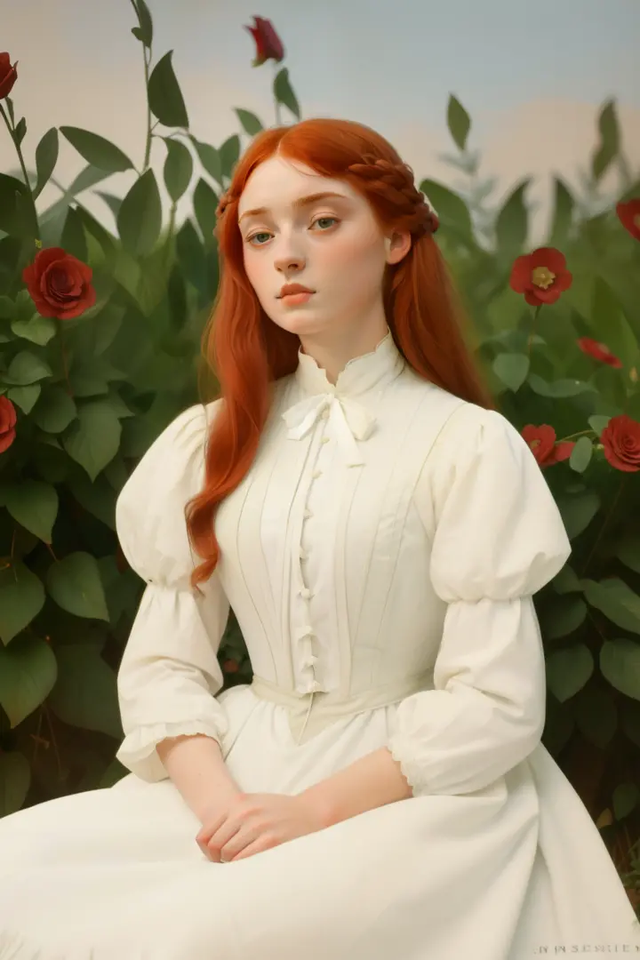 1885, england. Pre-raphaelite 16-year-old Sophie Turner, redhead, boarding school gardens, ((((1880s clothes, white dress)))), (...