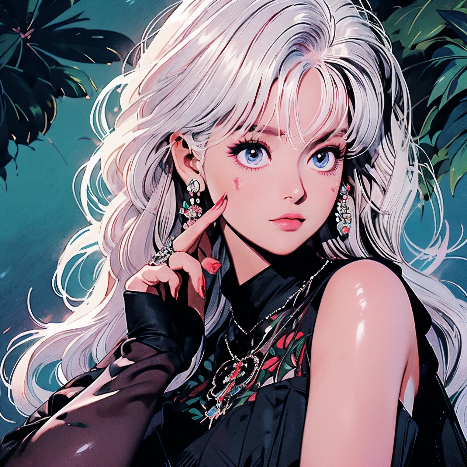 , (masutepiece:1.3), ((best_quality)、1 female、de pele branca、White hair、Crimson eyes、Has a black plant tattoo、Beautiful fece、Real people、length hair、Crystal clear skin、A mysterious place、The light is shining、Looking here、realisitic、mystical