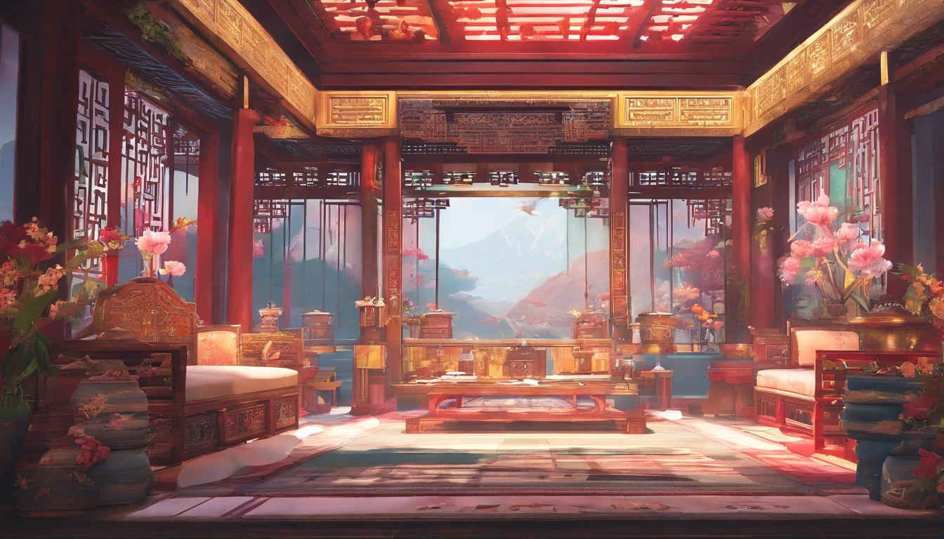 A close up of a room with a lot of furniture and flowers SeaArt AI