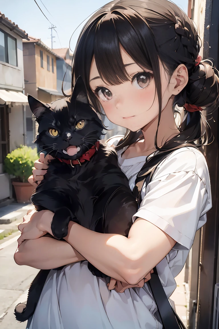 de primera calidad、Chica sosteniendo un gato negro、Linda niña de 14 años、Moño con cabello castaño atado.、gato negro、aspecto natural、tiro largo、luz natural