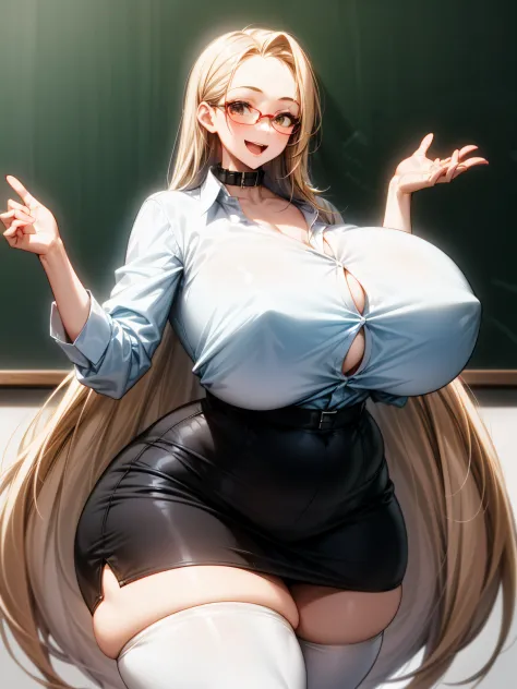 UHD,venusbody,1girl,solo,(gigantic breasts:1.1),(gigantic hips:1.2),wide hips,thick thighs,(huge thighs:1.3),white shirt,pencil skirt,smile,happy,open mouth,thighhighs,very long hair,short hair,brown hair,(long hair:1.4),blonde hair,forehead,looking at vie...