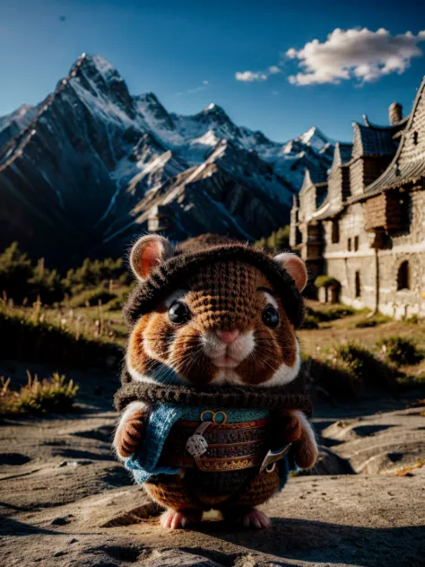 ZhenXian\(wanou\), a cute hamster illustration, brave warrior, medieval style, 3d animation, mountains on the background, Blurry...