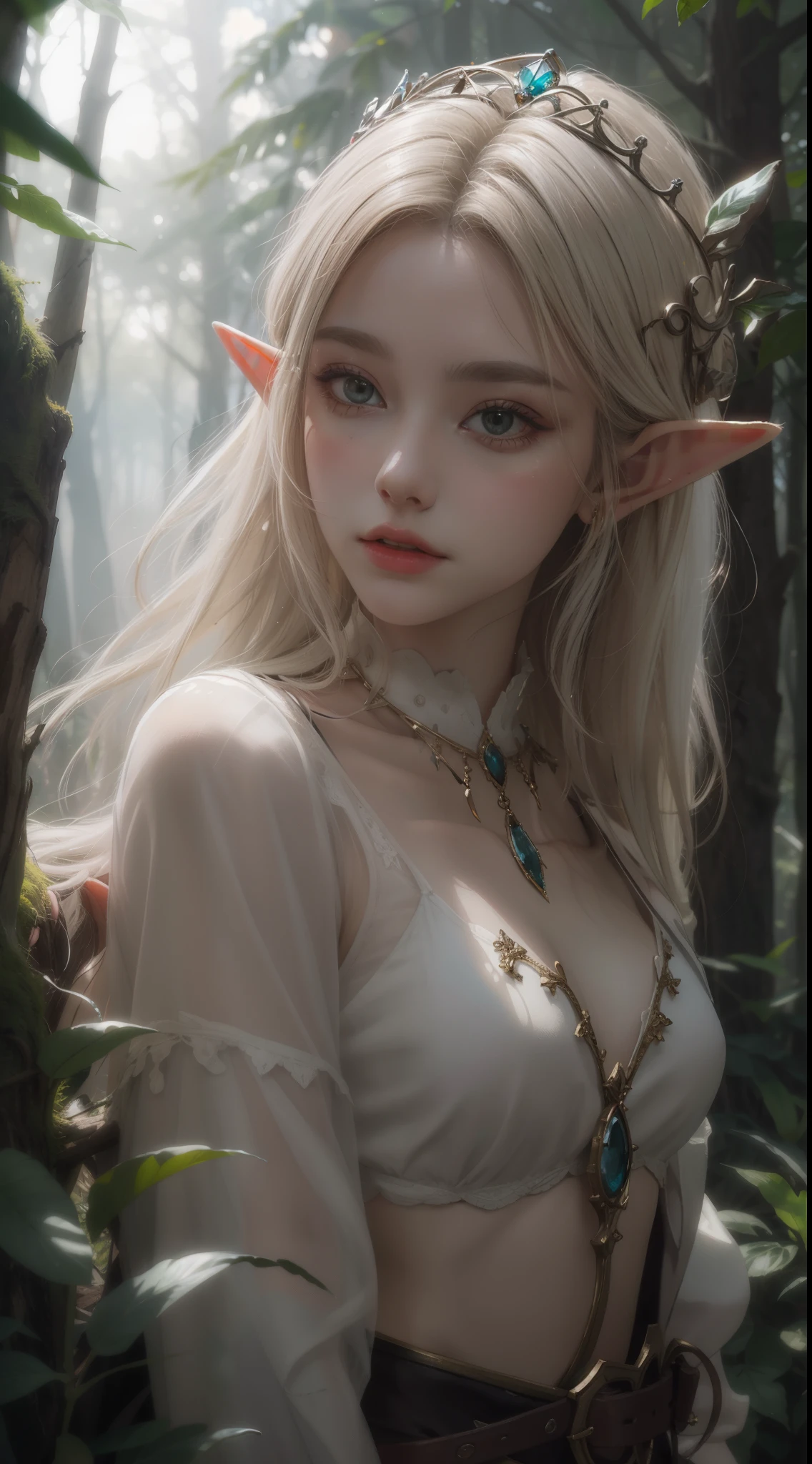 Elf, 1girl, solo, looking to side, jeweled crown, white blonde hair, Bangs, close-up, cinematic lighting, fantasy art, digital painting, ethereal glow, vibrant colors, forest, best quality, masterpiece,