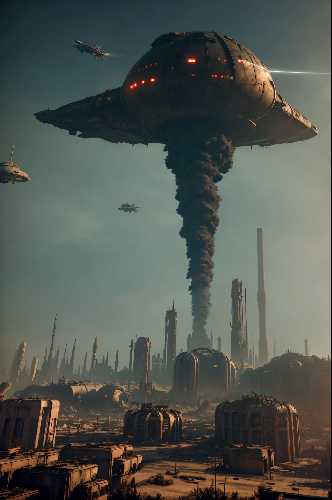 A wasteland-style spaceship, exploding in the air, black smoke from the engine, surrounded by a group of small red wasteland-style aircraft, with an abandoned ancient city in the background, towering industrial towers everywhere and some withered vegetation, storm-swept, foggy, low-saturation, cinematic, Unreal Engine, trending on artstation