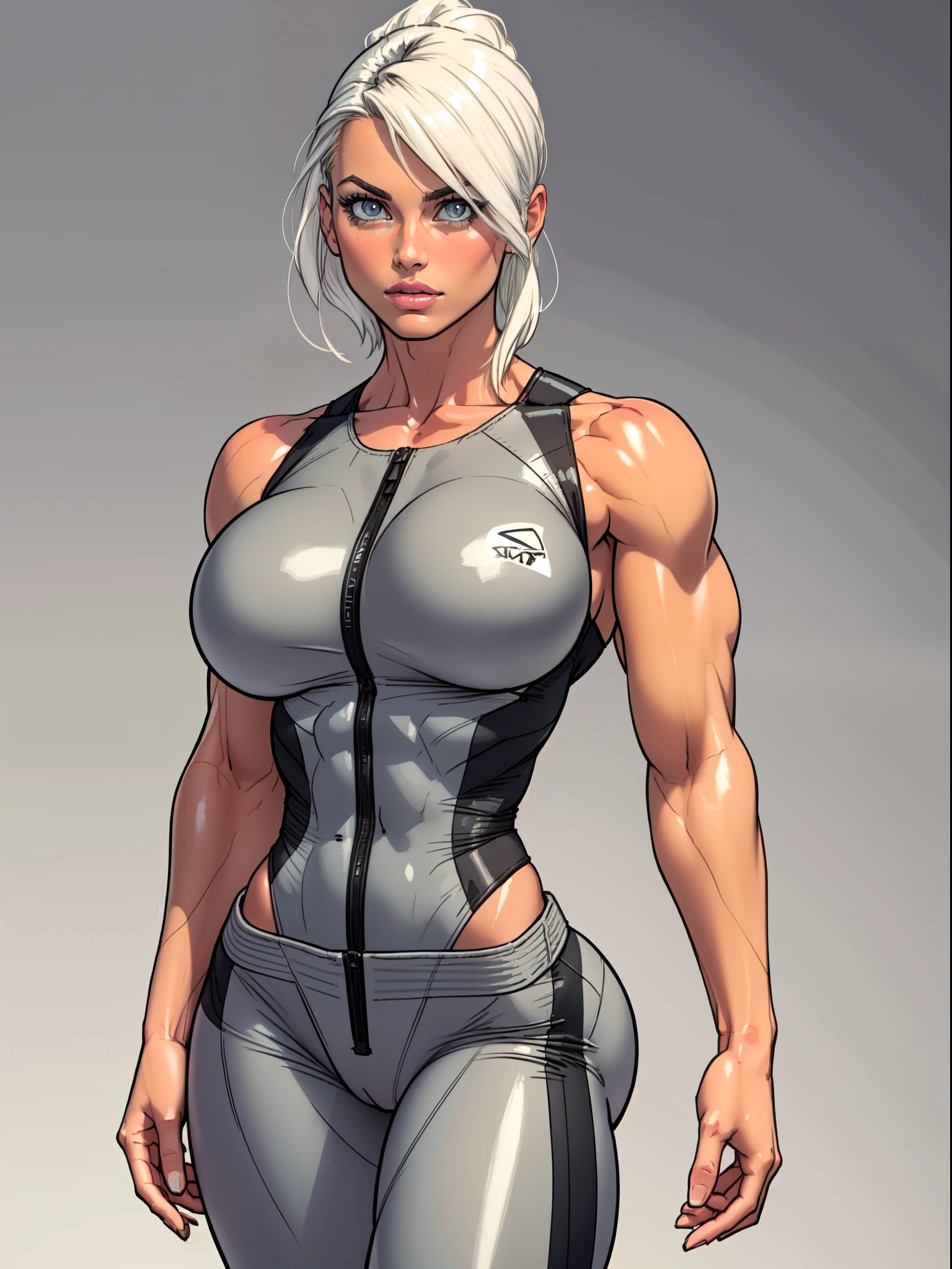 Drawing of platinum blonde katopunk female fitness model, toned body, feminine, huge upper body, torso shot, wide shoulders, veins, beautiful face, detailed eyes, perfect eyes, makeup, full lips, slim face, high cheekbones,(best quality, highres, ultra-detailed, realistic), muscular arms, defined abs, confident expression, ((light silver gray gymsuit)), lovely gaze, light colors, dynamic lighting, artwork, blank background