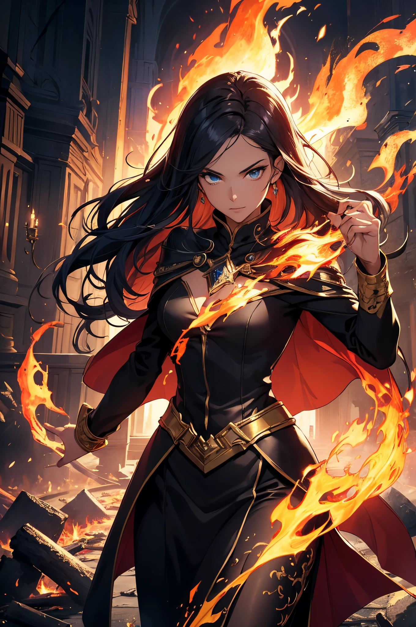(卓越品质, 顶级图像质量, 杰作) 1 名黑长发、蓝眼睛的女子站在火中, 被火焰包围, 战斗姿势, 使用火魔法,, 金手镯, 黑暗巫师披风, 燃烧的火, 破碎的熔化建筑, 封面