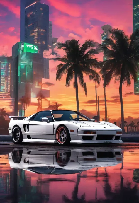 white 90's Honda NSX in miami at sunset, rain, reflection, side profile, sunset, photography, 8k, realistic, shot on sony mirrorless camera, ultra detailed, photorealistic, 24mm lens,  Lumen Global Lighting System Unreal Engine 5's fully dynamic global ill...