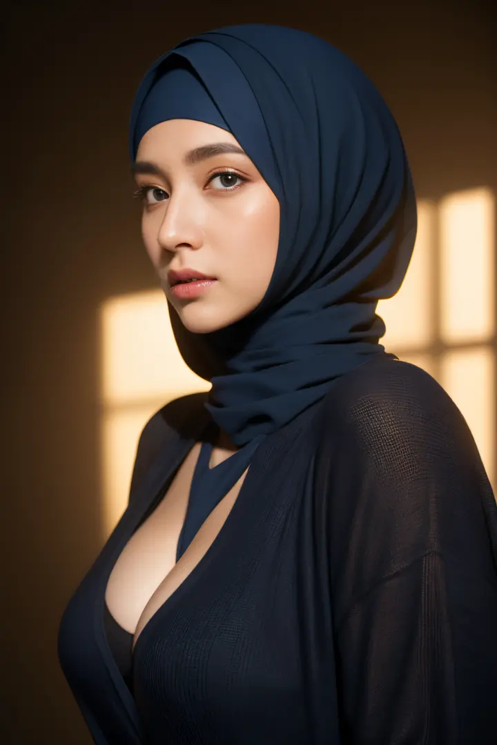 bdms, massive breasts, mongolian, (((hijabi))), cleavage, reflection light, chiaroscuro, depth of field, cinematic lighting, ray...