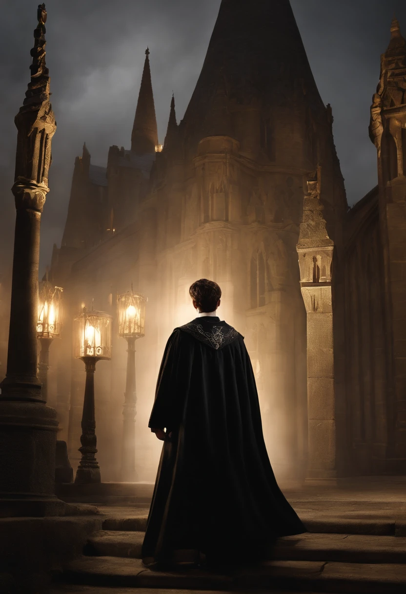 A man in a cloak stands in front of a castle - SeaArt AI