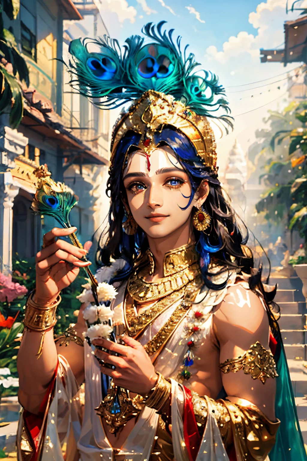 Krishna , loving man , beautiful glitter eyes , blue skin tone , smiling , divine nature, holding flutes in his hands, peacock feather on head.