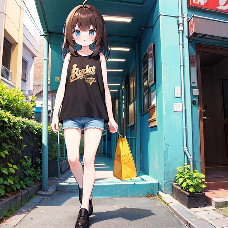 十代の女の子、茶色の髪が長い、アホ毛、黒のノースリーブTシャツ（特大）、ライトブルーのショートパンツ、大腿、エスパドリーユ、街を歩く