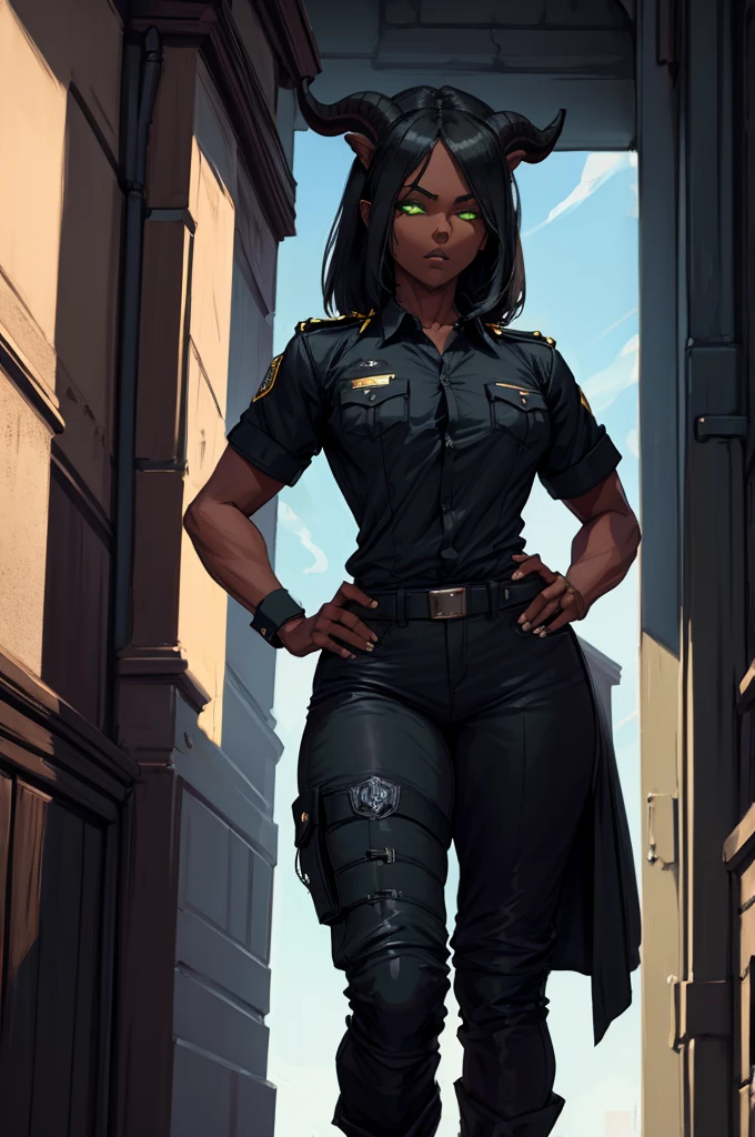 (Masterpiece) (High Detail) (High Res) (Black Skin) Looking from below A young teenage black humanoid girl with dark skin and ebony flesh and green eyes and short black hair and goat ears and short dark goat horns and a toned teen body and average to small breasts dressed in a police uniform with a shirt and pants dressed like an officer of the law with her hands on her hips