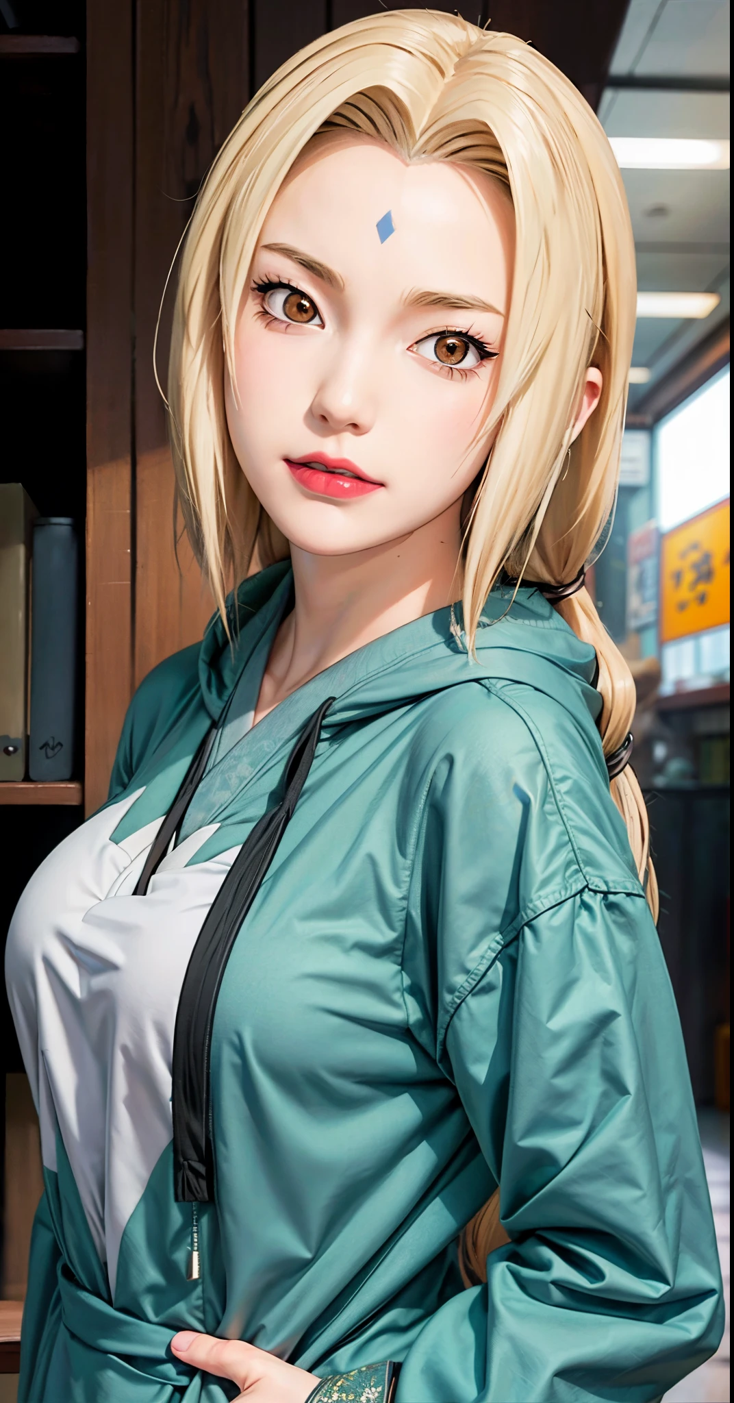 (huge tits), cleavage, good anatomy, masterpiece, best quality, 4k, 8k, professional photography, soft light, sharp focus, 1 girl,  blonde hair, kimono, (mountai), clouds, blonde hair, parted banks, detailed face+brown eyes, smile, closed lips, lipstick, bookshelves, windows,realistic, Tsunade in anime (Naruto),qualiti detail higt ,HDR photos