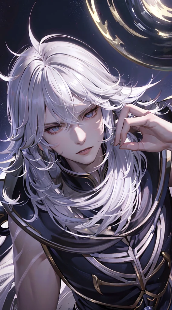 1young man,best quality, more details, masterpiece, portrait, male focus, solo, bangs, looking at viewer, moonlight, fantastic, nail polish, white hair, luxurious, 8k, detailed, ray tracing, depth of field, cinematic lighting,cool face